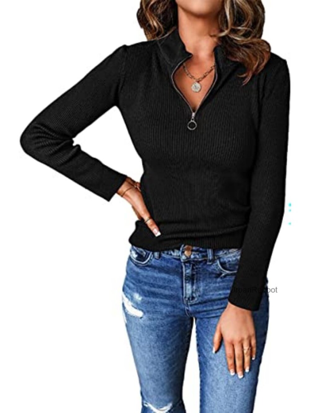 Quarter Zip Mock Neck Rib Knit Fitted Sweater Pullover